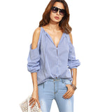 SHEIN Womens Tops Fashion 2016 Ladies Casual Blouses For Autumn Blue Striped V Neck Cold Shoulder Long Sleeve Blouse