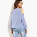 SHEIN Womens Tops Fashion 2016 Ladies Casual Blouses For Autumn Blue Striped V Neck Cold Shoulder Long Sleeve Blouse