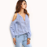 SHEIN Womens Tops Fashion 2016 Ladies Casual Blouses For Autumn Blue Striped V Neck Cold Shoulder Long Sleeve Blouse