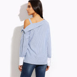 SHEIN Womens Tops Fashion Autumn Ladies Blue Striped Fold Over Asymmetric Shoulder Long Sleeve Contrast Cuff Blouse