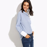 SHEIN Womens Tops Fashion Autumn Ladies Blue Striped Fold Over Asymmetric Shoulder Long Sleeve Contrast Cuff Blouse