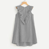 SHEIN Womens Zip Back Ruffle Yoke Striped Dress Summer Dresses Casual Ladies Sleeveless Round Neck A Line High Low Dress