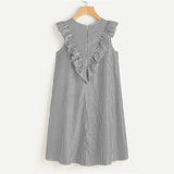 SHEIN Womens Zip Back Ruffle Yoke Striped Dress Summer Dresses Casual Ladies Sleeveless Round Neck A Line High Low Dress