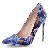 Denim Embroider Pointed Toe Heels