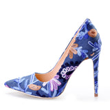Denim Embroider Pointed Toe Heels