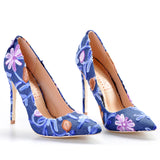 Denim Embroider Pointed Toe Heels