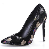 Colored Patterned Embroider Black Pointed Pumps
