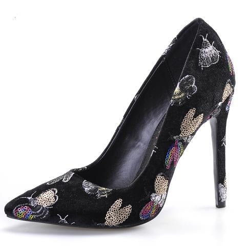 Colored Patterned Embroider Black Pointed Pumps