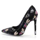 Colored Patterned Embroider Black Pointed Pumps