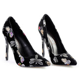 Colored Patterned Embroider Black Pointed Pumps