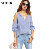 SHEIN Womens Tops Fashion 2016 Ladies Casual Blouses For Autumn Blue Striped V Neck Cold Shoulder Long Sleeve Blouse