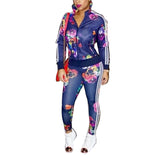 Two Piece Set Women's Tracksuits Autumn 2017 Crop Top And Pants Zipper Casual Sweatsuit Long Sleeve Printing Spring Outfits Set