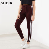 SHEIN Striped Sideseam Drawstring Leggings Burgundy Autumn Winter Pants Women Casual Fitness Activewear for Women