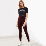 SHEIN Striped Sideseam Drawstring Leggings Burgundy Autumn Winter Pants Women Casual Fitness Activewear for Women
