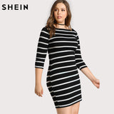 SHEIN Three Quarter Length Sleeve Striped Tee Dress Black and White Boat Neck Shift Dress Plus Size Women Clothing