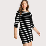 SHEIN Three Quarter Length Sleeve Striped Tee Dress Black and White Boat Neck Shift Dress Plus Size Women Clothing