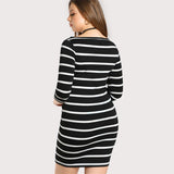SHEIN Three Quarter Length Sleeve Striped Tee Dress Black and White Boat Neck Shift Dress Plus Size Women Clothing