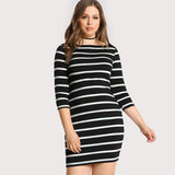 SHEIN Three Quarter Length Sleeve Striped Tee Dress Black and White Boat Neck Shift Dress Plus Size Women Clothing