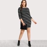 SHEIN Three Quarter Length Sleeve Striped Tee Dress Black and White Boat Neck Shift Dress Plus Size Women Clothing