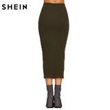 SHEIN Spring Womens Long Skirts Fashions Famous Brand Elegant Style Tight Skirts Olive Green Ribbed Knit Pencil Skirt