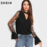 SHEIN V Neck Floral Blouse Women Tops Embroidered Mesh Sleeve Choker Neck Blouse Black Long Sleeve Elegant Blouse