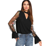 SHEIN V Neck Floral Blouse Women Tops Embroidered Mesh Sleeve Choker Neck Blouse Black Long Sleeve Elegant Blouse