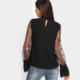 SHEIN V Neck Floral Blouse Women Tops Embroidered Mesh Sleeve Choker Neck Blouse Black Long Sleeve Elegant Blouse