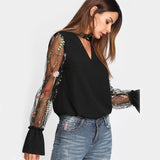 SHEIN V Neck Floral Blouse Women Tops Embroidered Mesh Sleeve Choker Neck Blouse Black Long Sleeve Elegant Blouse