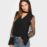 SHEIN V Neck Floral Blouse Women Tops Embroidered Mesh Sleeve Choker Neck Blouse Black Long Sleeve Elegant Blouse