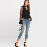 SHEIN V Neck Floral Blouse Women Tops Embroidered Mesh Sleeve Choker Neck Blouse Black Long Sleeve Elegant Blouse