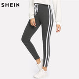 SHEIN Sweatpants Women Grey Striped Drawstring Waist Casual Womens Pants Striped Sideseam Ribbed Knit Sweatpants