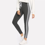 SHEIN Sweatpants Women Grey Striped Drawstring Waist Casual Womens Pants Striped Sideseam Ribbed Knit Sweatpants