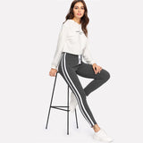 SHEIN Sweatpants Women Grey Striped Drawstring Waist Casual Womens Pants Striped Sideseam Ribbed Knit Sweatpants