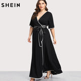 SHEIN Plus Size Black Party Dress Summer Maxi Dresses Elegant Large Sizes V-neck Contrast Binding Self Belted Wrap Dress