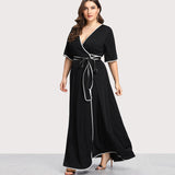 SHEIN Plus Size Black Party Dress Summer Maxi Dresses Elegant Large Sizes V-neck Contrast Binding Self Belted Wrap Dress