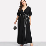 SHEIN Plus Size Black Party Dress Summer Maxi Dresses Elegant Large Sizes V-neck Contrast Binding Self Belted Wrap Dress