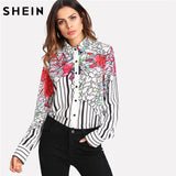 SHEIN Striped Mixed Floral Print Shirt Women Hidden Placket Button Turn-down Collar Long Sleeve Top Blouse 2018 Casual Blouse