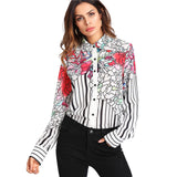 SHEIN Striped Mixed Floral Print Shirt Women Hidden Placket Button Turn-down Collar Long Sleeve Top Blouse 2018 Casual Blouse
