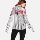 SHEIN Striped Mixed Floral Print Shirt Women Hidden Placket Button Turn-down Collar Long Sleeve Top Blouse 2018 Casual Blouse