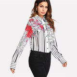 SHEIN Striped Mixed Floral Print Shirt Women Hidden Placket Button Turn-down Collar Long Sleeve Top Blouse 2018 Casual Blouse