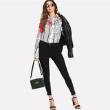 SHEIN Striped Mixed Floral Print Shirt Women Hidden Placket Button Turn-down Collar Long Sleeve Top Blouse 2018 Casual Blouse