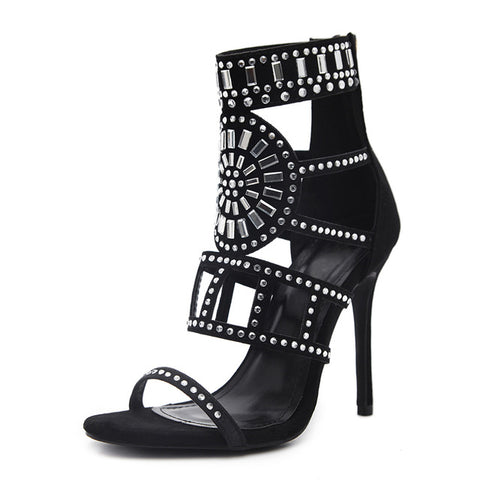 Rhinestone Crystal Peep Toe Hollow Gladiator Pumps