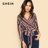 SHEIN Self Belted Striped Wrap Top V Neck Long Sleeve Button Weekend Casual Crop Blouse 2018 Spring Women Slim Blouse