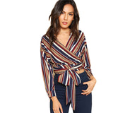 SHEIN Self Belted Striped Wrap Top V Neck Long Sleeve Button Weekend Casual Crop Blouse 2018 Spring Women Slim Blouse