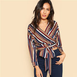 SHEIN Self Belted Striped Wrap Top V Neck Long Sleeve Button Weekend Casual Crop Blouse 2018 Spring Women Slim Blouse