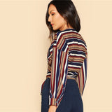 SHEIN Self Belted Striped Wrap Top V Neck Long Sleeve Button Weekend Casual Crop Blouse 2018 Spring Women Slim Blouse