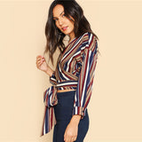 SHEIN Self Belted Striped Wrap Top V Neck Long Sleeve Button Weekend Casual Crop Blouse 2018 Spring Women Slim Blouse