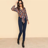SHEIN Self Belted Striped Wrap Top V Neck Long Sleeve Button Weekend Casual Crop Blouse 2018 Spring Women Slim Blouse