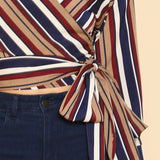 SHEIN Self Belted Striped Wrap Top V Neck Long Sleeve Button Weekend Casual Crop Blouse 2018 Spring Women Slim Blouse