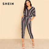 SHEIN Self Belted Striped Wrap OL Style Jumpsuit Women V neck Half Sleeve Casual Jumpsuit 2018 Spring Elegant Work Jumpsuit